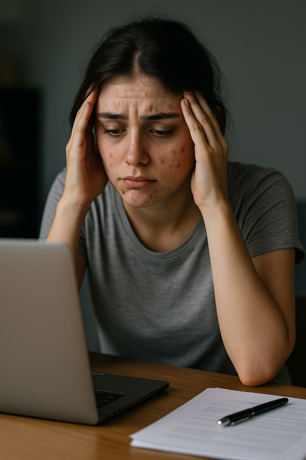 "컴퓨터 앞 책상에 앉아 머리를 감싸쥐고 있는 젊은 여성. 이마와 턱선에 여드름이 있으며, 눈 밑 다크서클이 짙고 스트레스로 지친 표정이 얼굴에 나타난 모습. 실내 조명 아래에서 스트레스로 인한 피부 트러블을 상징적으로 표현한 장면."