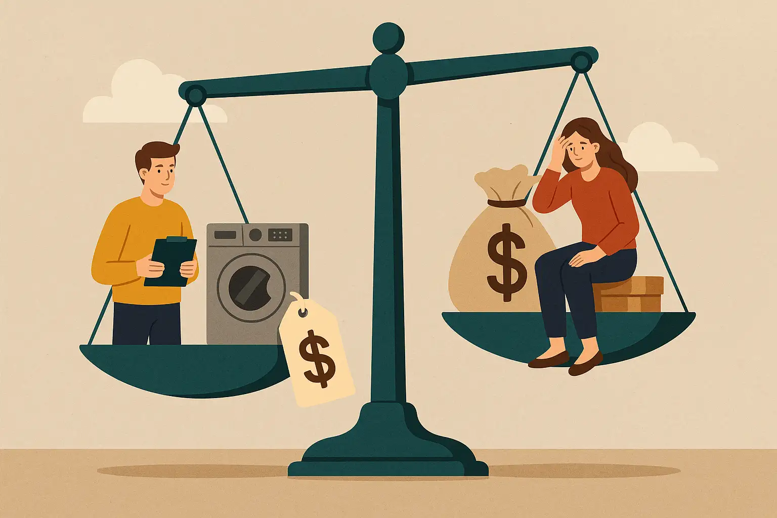 저울-위에서-렌털-서비스와-구매를-비교하는-장면으로,-렌털은-가격표가-달린-세탁기로,-구매는-돈주머니와-고민하는-사람으로-표현되어-경제적-이득을-상징하는-이미지