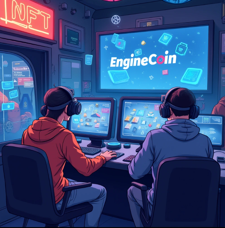 미래형 게임 아케이드에서 플레이어들이 VR 헤드셋을 쓰고 게임을 즐기는 모습, 그 주변으로 엔진코인 로고와 다양한 NFT 아이템들이 홀로그램처럼 떠 있는 모습을 상상한 일러스트레이션)