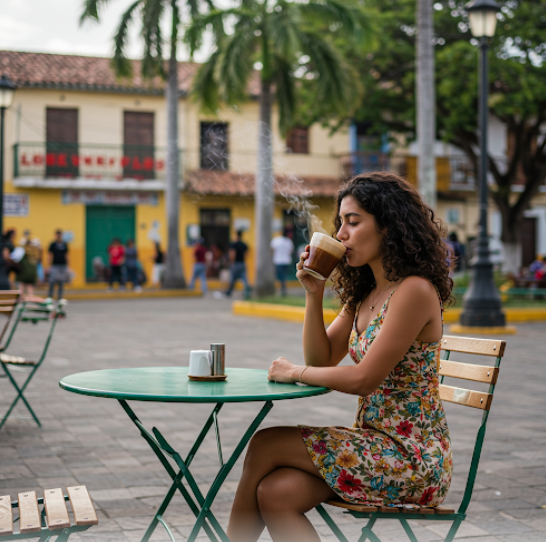 중님미에서 커피를 마시는 여성의 모습