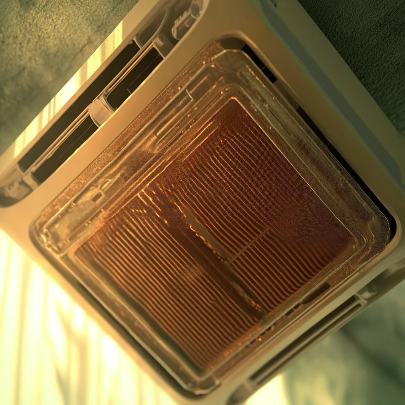 삼성 에어컨 내부의 PM1.0 및 구리 항균 필터가 세밀하게 드러난 모습. 모던한 미학과 정교한 디자인 요소가 돋보입니다. 항균 필터, 공기 청정, 에어컨 성능.