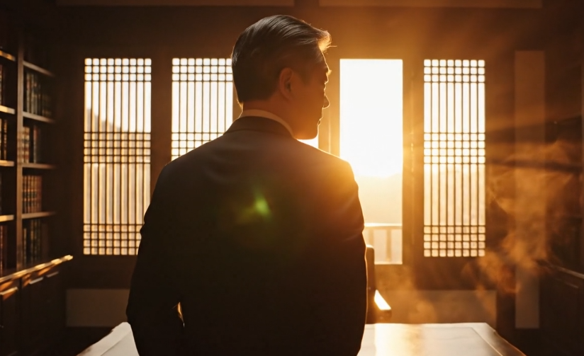 차분한 분위기의 서제에서 일출을 보며 사색하는 중년의 뒷모습 사진