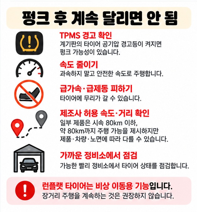공기압 경고 확인 속도 줄이기 허용거리 확인 정비소 이동과 TPMS 확인을 펑크 후 대처법으로 보여주는 카드