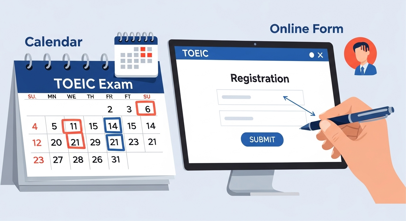 2025년 토익 시험 일정과 온라인 접수 화면이 보이는 컴퓨터. 계획적인 학습을 나타낸다.