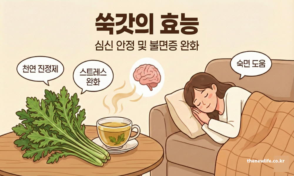 쑥갓의 효능이 심신을 안정시키고 불면증을 완화하는 작용을 설명하는 이미지