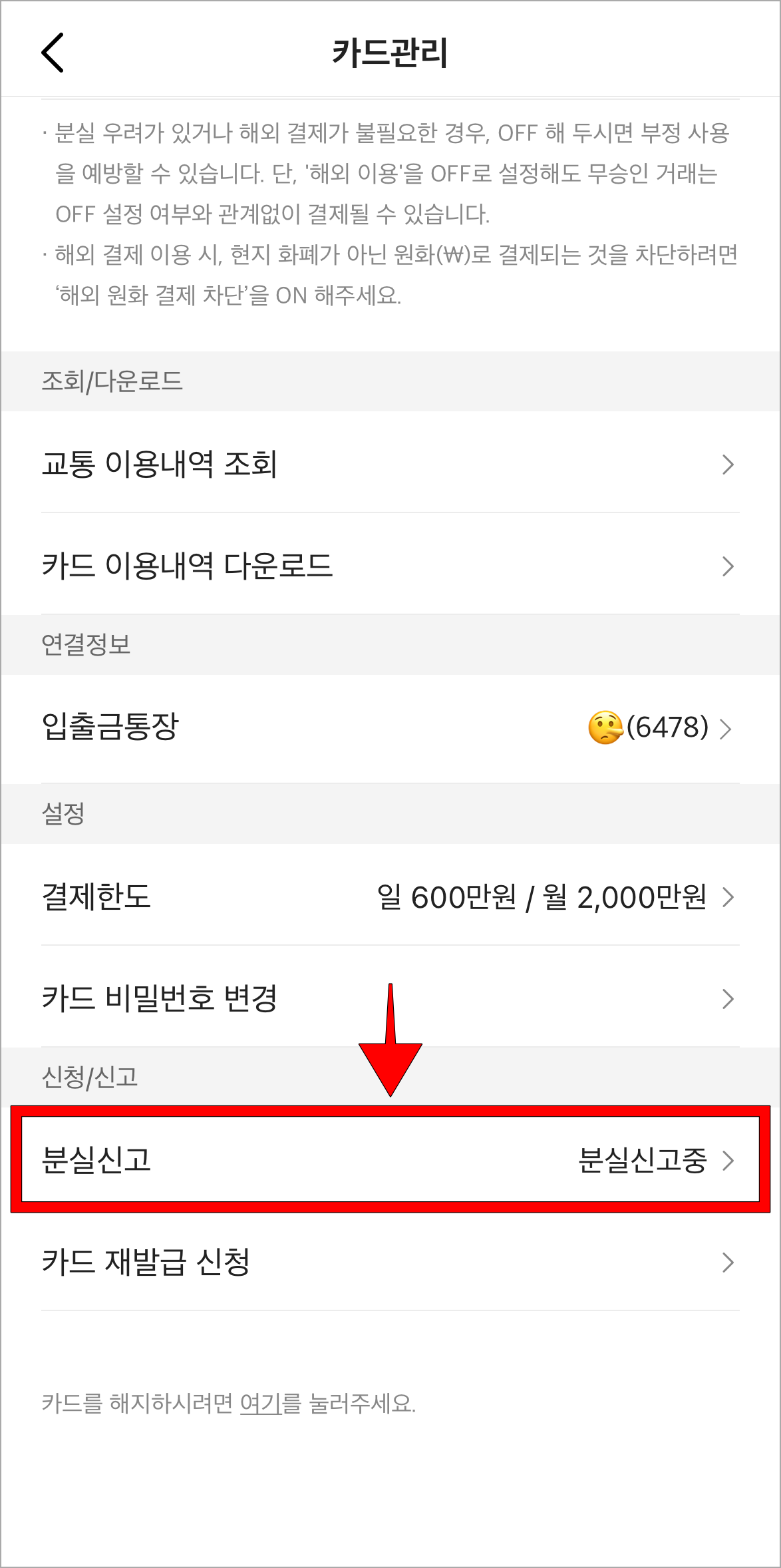 카드 관리에서 '분실신고'를 선택