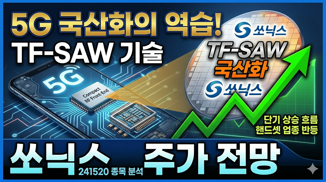5G 스마트폰 내부의 RF 필터 파운드리 생산 시설에서 'TF-SAW 국산화'라는 문구와 함께 쏘닉스 로고가 새겨진 웨이퍼가 상승하는 주가 그래프와 함께 그려져 있습니다.
상단에는 대형 금색 텍스트로 '5G 국산화의 역습!'과 'TF-SAW 기술'을 배치해 핵심 내용을 강조했습니다. 오른쪽 하단에는 '단기 상승 흐름'과 '핸드셋 업종 반등'을 넣어 투자 지표를 제시했습니다. 하단에는 '쏘닉스 주가 전망'을 크고 명확한 흰색과 파란색 텍스트로 배치했습니다.