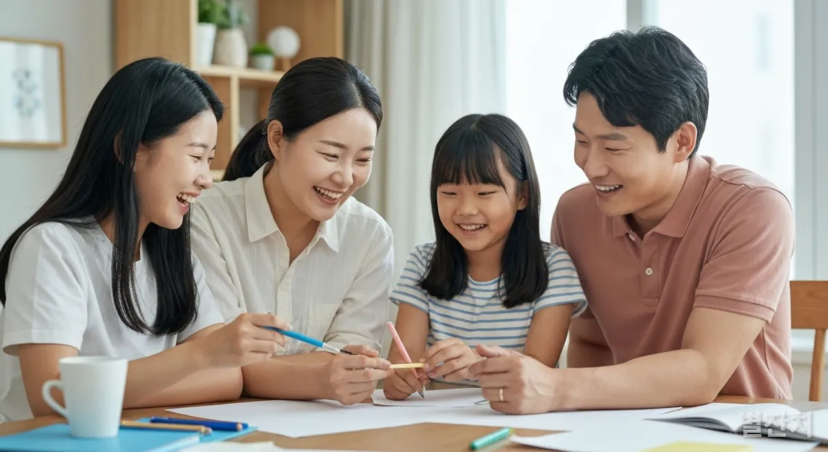 온 가족이 함께 즐겁게 작업하며 긍정적인 에너지를 나누는 모습