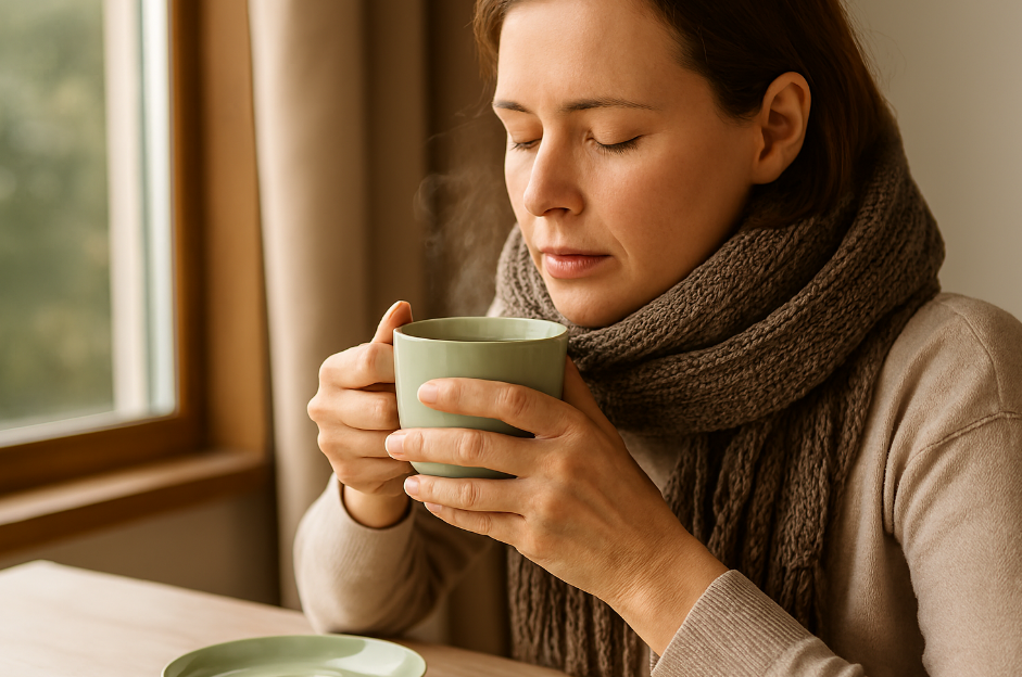 목도리를 두르고 창가에 앉아있는 한 여성이 따뜻한 차를 마시는 장면