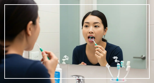 화장실에서 거울을 보면서 혀 클리너로 혀를 긁고 있는 여성 모습
