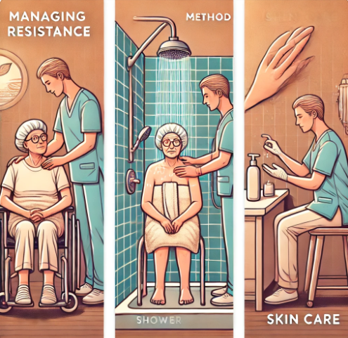 치매 환자의 목욕 및 위생 관리
거부 반응 대처(왼쪽)-욕을 거부하는 환자를 보호자가 공감과 안정적인 말투로 진정시키는 모습
샤워 방법(가운데)-샤워 의자와 손 샤워기 등을 사용해 안전하고 존엄을 지키는 목욕 방식
피부 관리(오른쪽)-목욕 후 보습제 도포 및 피부 상태 확인을 통해 피부 질환 예방과 감각 자극 제공