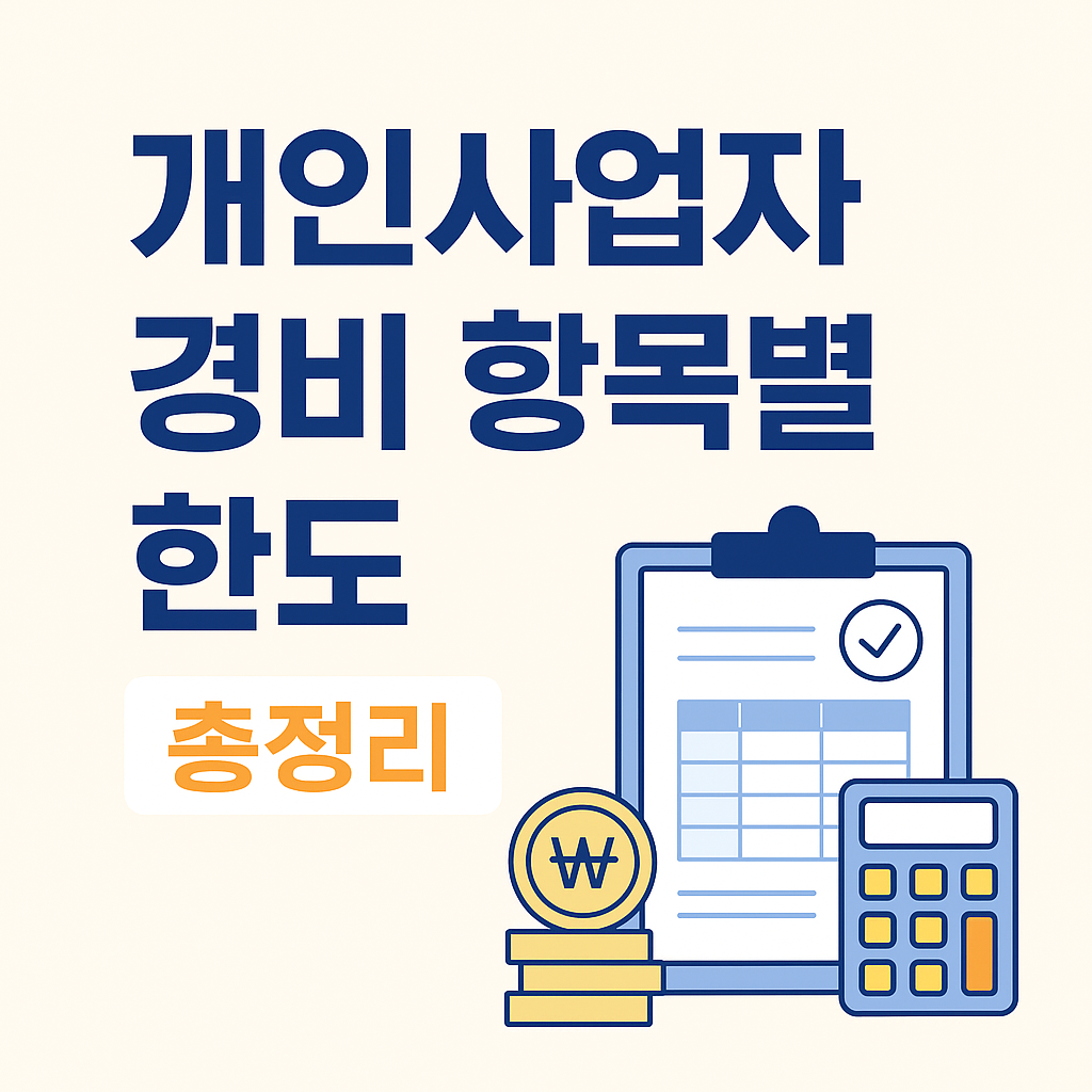개인사업자 경비 항목별 한도 총정리 문구와 계산기 동전, 체크리스트 이미지