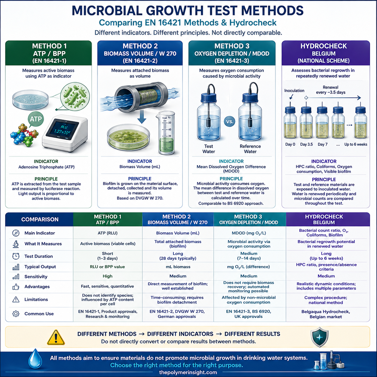 EN 16421 ATP 기반 BPP, DVGW W 270 Biomass Volume, 산소소모 MDOD와 Hydrocheck 세균성장시험 비교
