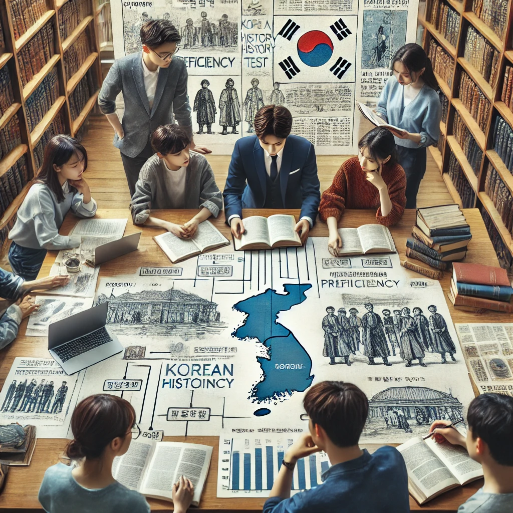 도서관에서 역사 문서와 연대표를 분석하며 한국사 능력 검정시험을 준비하는 학생들. 책과 차트를 활용해 토론하며 협력적인 학습을 진행하는 모습