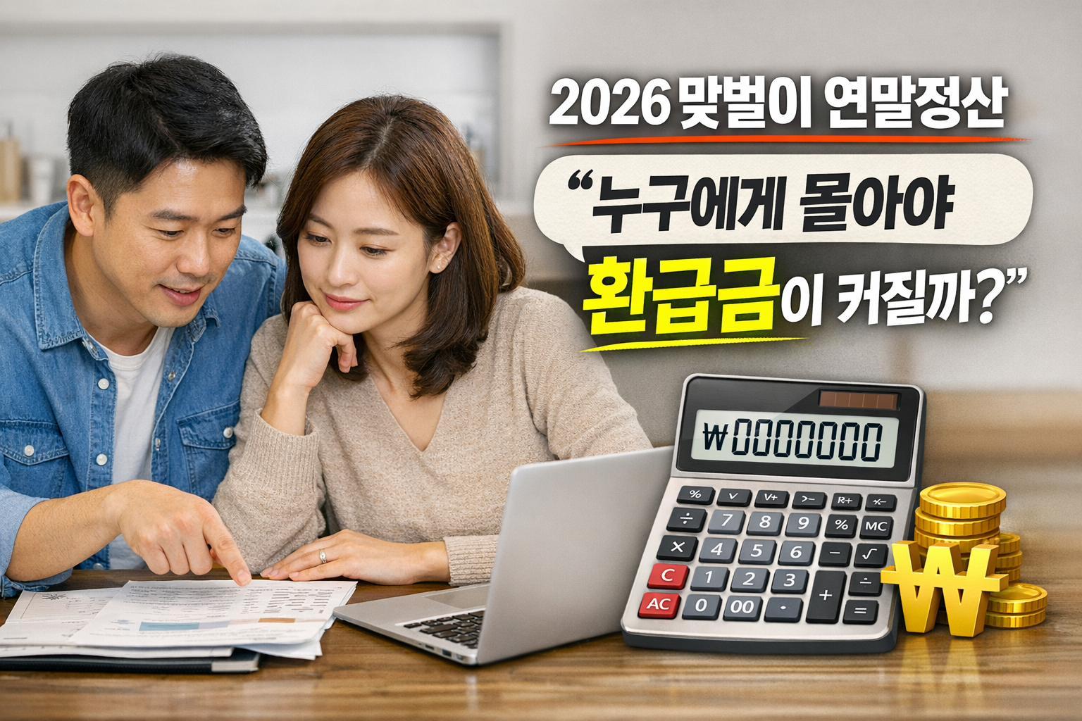 2026 맞벌이 부부 연말정산 환급금 계산, 공제 몰아주기 전략을 고민하는 부부 모습
