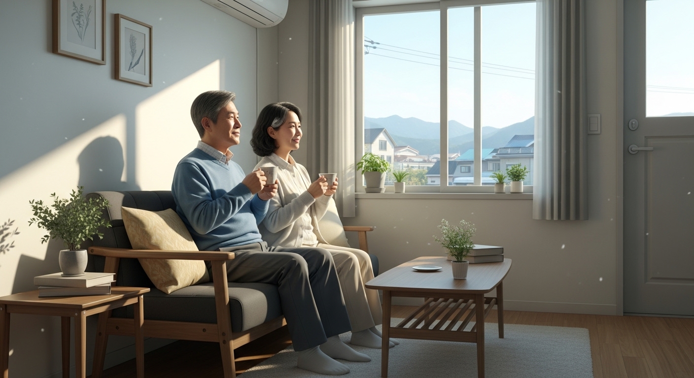 아담한 집에서 여유롭게 차를 마시는 60대 부부