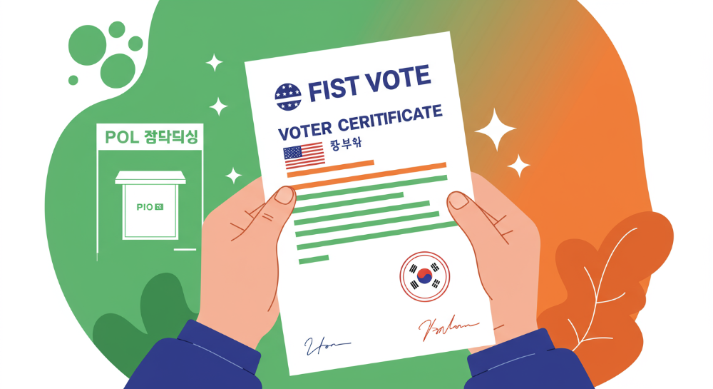 첫 투표를 기념하며 개성 있는 캐릭터 투표 인증용지를 들고 있는 청년 유권자의 손. 밝고 활기찬 분위기 속에서 새로운 투표 문화를 상징함.