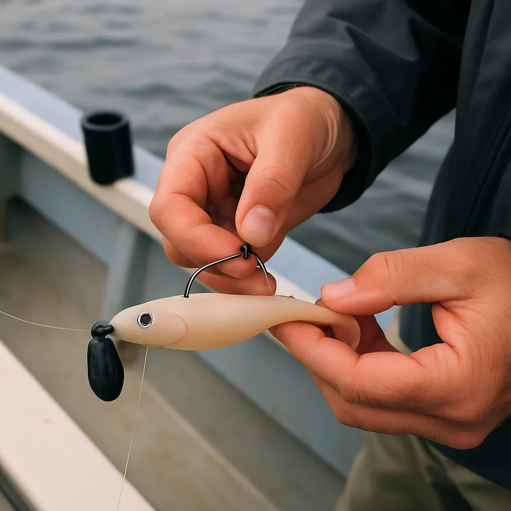 선상에서 광어 루어를 채비하는 낚시인의 손
