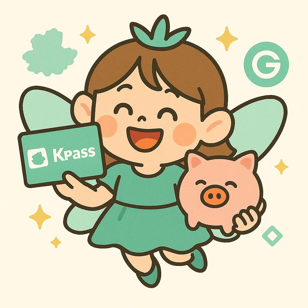 친절한 혜택요정 캐릭터가 경기패스 교통카드와 저금통을 들고 있는 모습