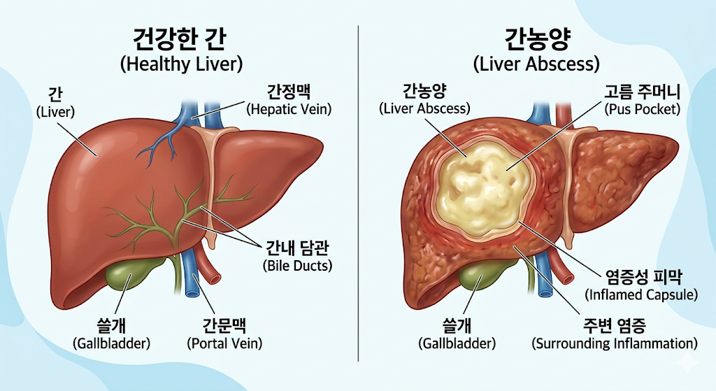 건강한간 과 간농양이 생긴 간 비교사진