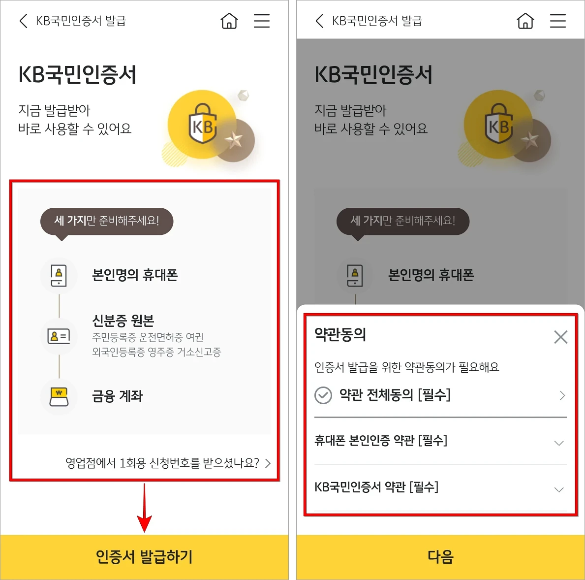 KB국민인증서 발급에 관한 준비물을 확인하고 '인증서 발급하기'를 선택한 후 약관에 동의