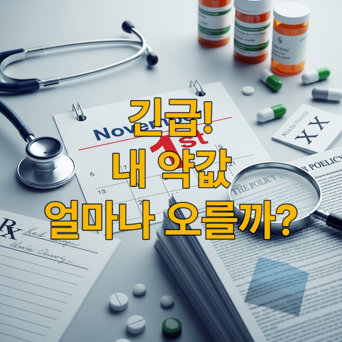 2025년 11월 1일부터 변경되는 요양급여 약제 기준을 나타내는 달력과 약품, 서류 이미지. 환자 약값 변동의 중요성을 강조합니다.