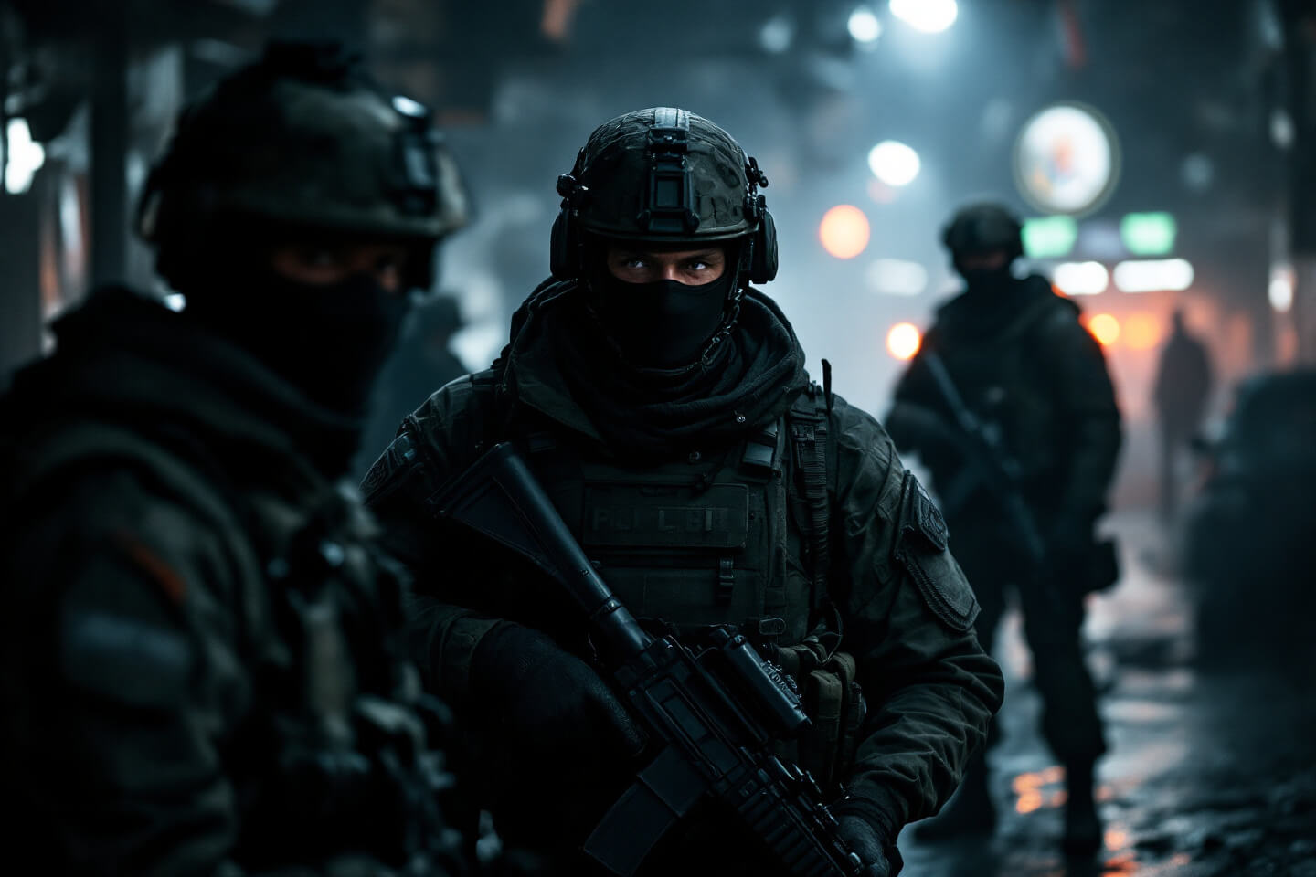 어두운 도시 거리를 배경으로 무장을 한 특수부대 요원들이 배치된 모습. 중심에는 검은 마스크와 헬멧을 착용한 요원이 카메라를 응시하고 있으며, 손에는 소총을 들고 있다. 주변은 희미한 조명과 안개로 가득 차 긴장감이 느껴지는 분위기이다."

이 설명은 이미지의 세부 사항과 분위기를 구체적으로 묘사하며, 시각적 정보 전달에 적합합니다