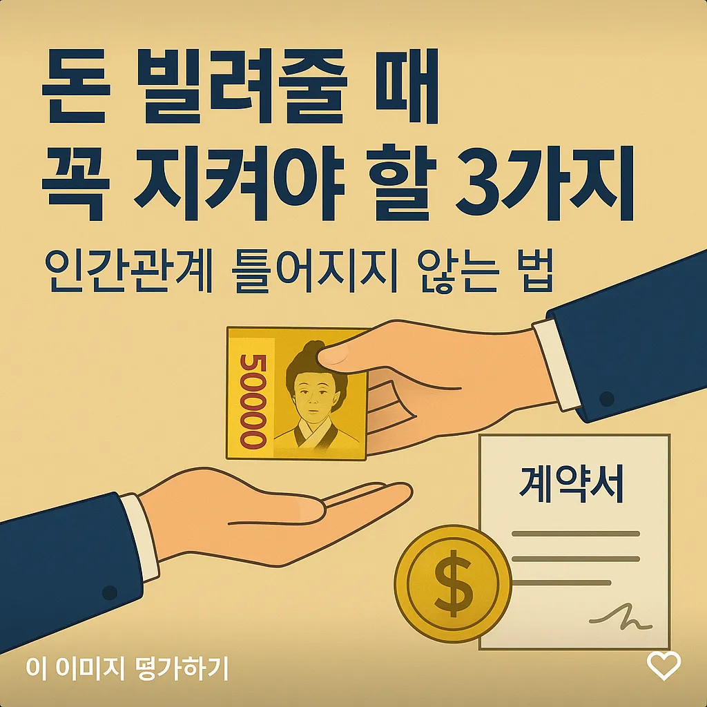 친구에게 돈을 빌려주는 장면과 빌려줄 때 꼭 지켜야 할 3가지 원칙을 강조하는 이미지