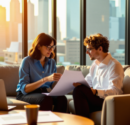 쇼파에 앉아서 서류를 보고 있는 남녀