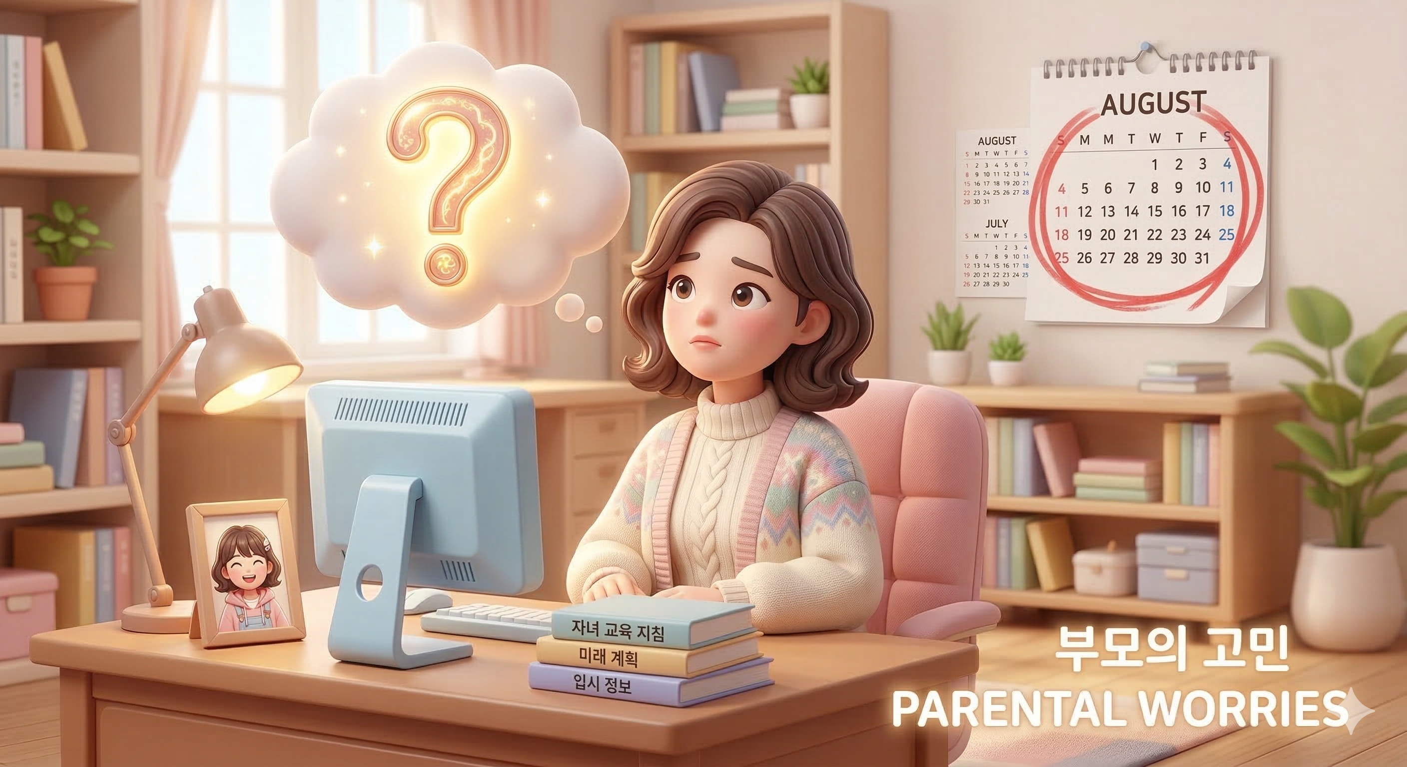 포인트 잔액 소멸 기한인 8월 달력을 보며 교육 지원금 중위소득 자격 조건과 헷갈리는 질문들을 고민하는 학부모 3D 일러스트