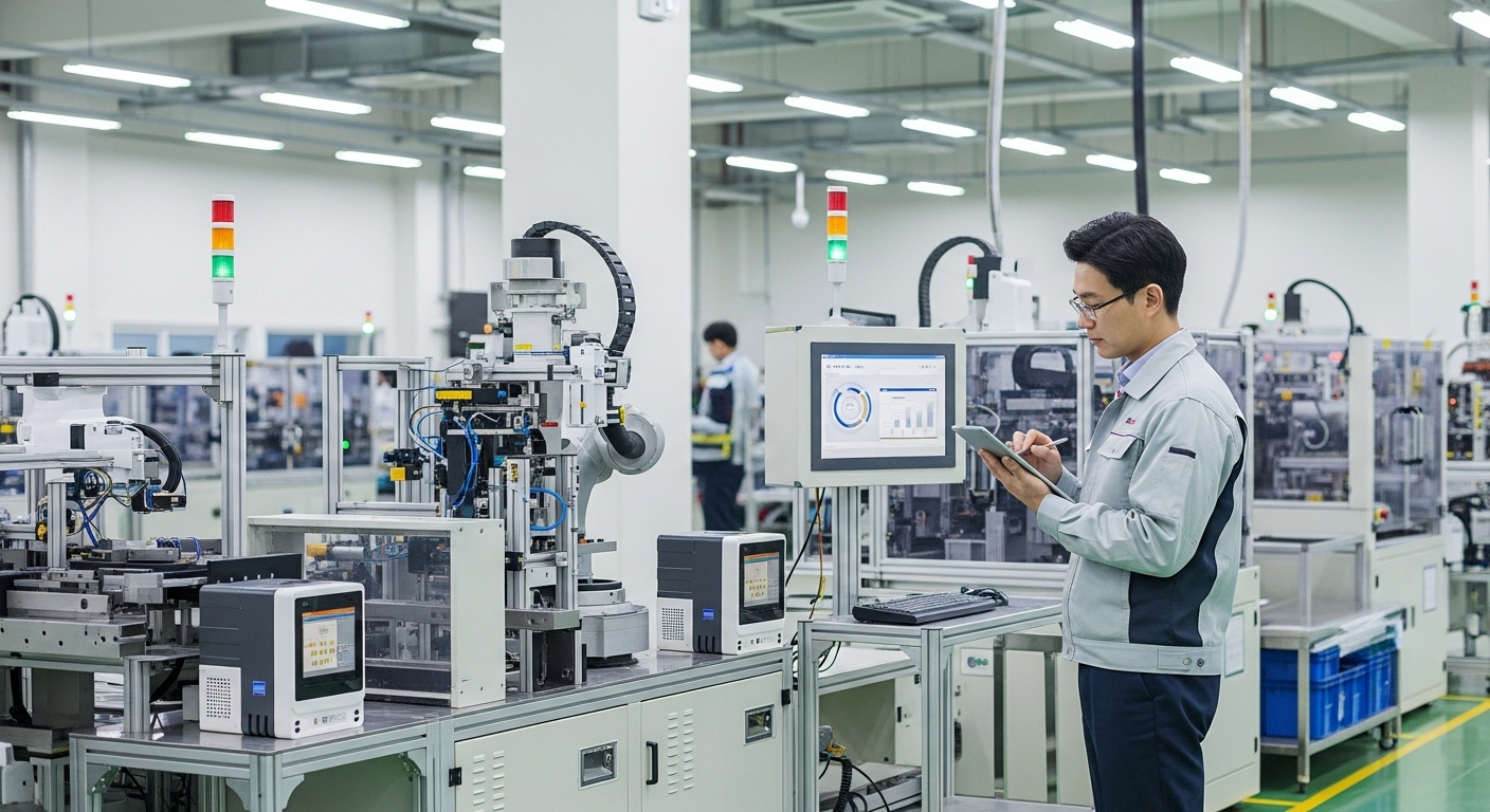 한국의 스마트 팩토리에서 엣지 컴퓨팅이 실시간 생산 데이터를 처리하여 효율을 높이는 장면. 한국인 엔지니어가 모니터링 중.