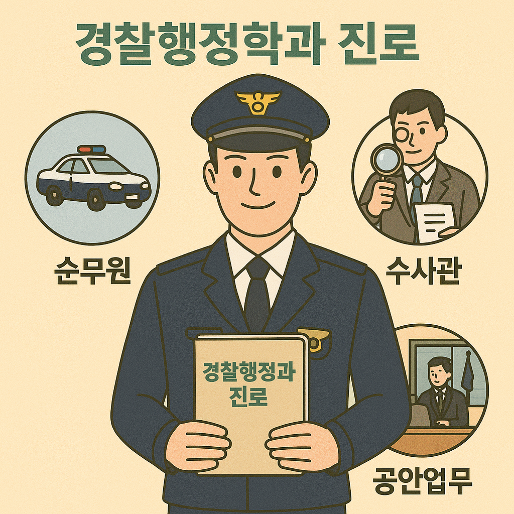 경찰행정학과 진로를 주제로 순경, 수사관, 공안업무 분야를 경찰 제복을 입은 인물과 함께 설명한 일러스트 포스터