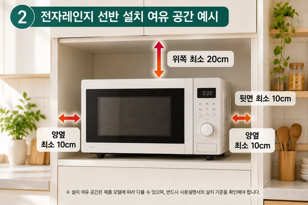 전자레인지 선반 설치 시 위쪽 20cm, 양옆과 뒷면 10cm의 통풍 여유 공간을 설명한 주방 수납장 배치 이미지