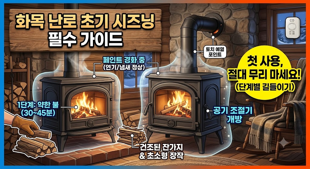 야외에서 화목난로를 배치하고 저온 예열 시즈닝을 진행하는 모습