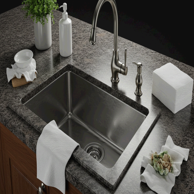 정돈된 주방 싱크대와 세제, 휴지.