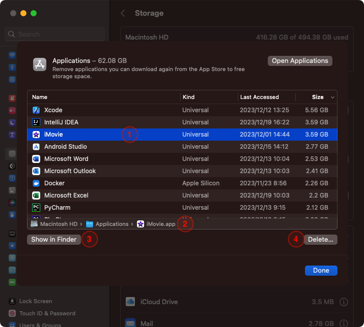 저장 공간(Storage)의 응용 프로그램(Applications) 세부 항목