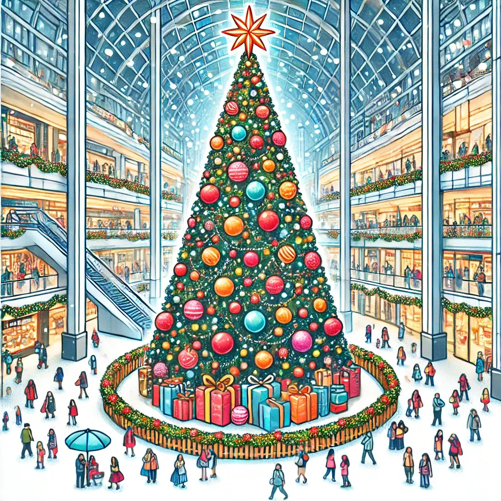 쇼핑몰 중앙에 세워진 크리스마스 PE트리와 바쁜 고객
