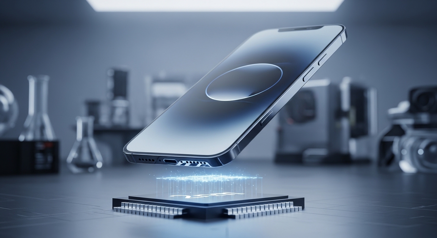 2026년 출시 예상 아이폰 18 프로 컨셉 이미지, 2나노 칩 위에 떠 있는 모습. 초박형 베젤과 미래지향적인 디자인이 돋보이며, 첨단 기술과 혁신을 상징하는 푸른빛이 감돈다.