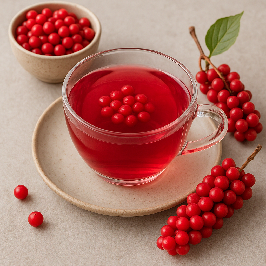 투명한 유리 잔에 담긴 붉은 오미자차가 도자기 받침 위에 놓여 있고, 옆에는 싱싱한 오미자 열매 송이와 작은 그릇에 담긴 오미자가 함께 놓여 있는 모습
