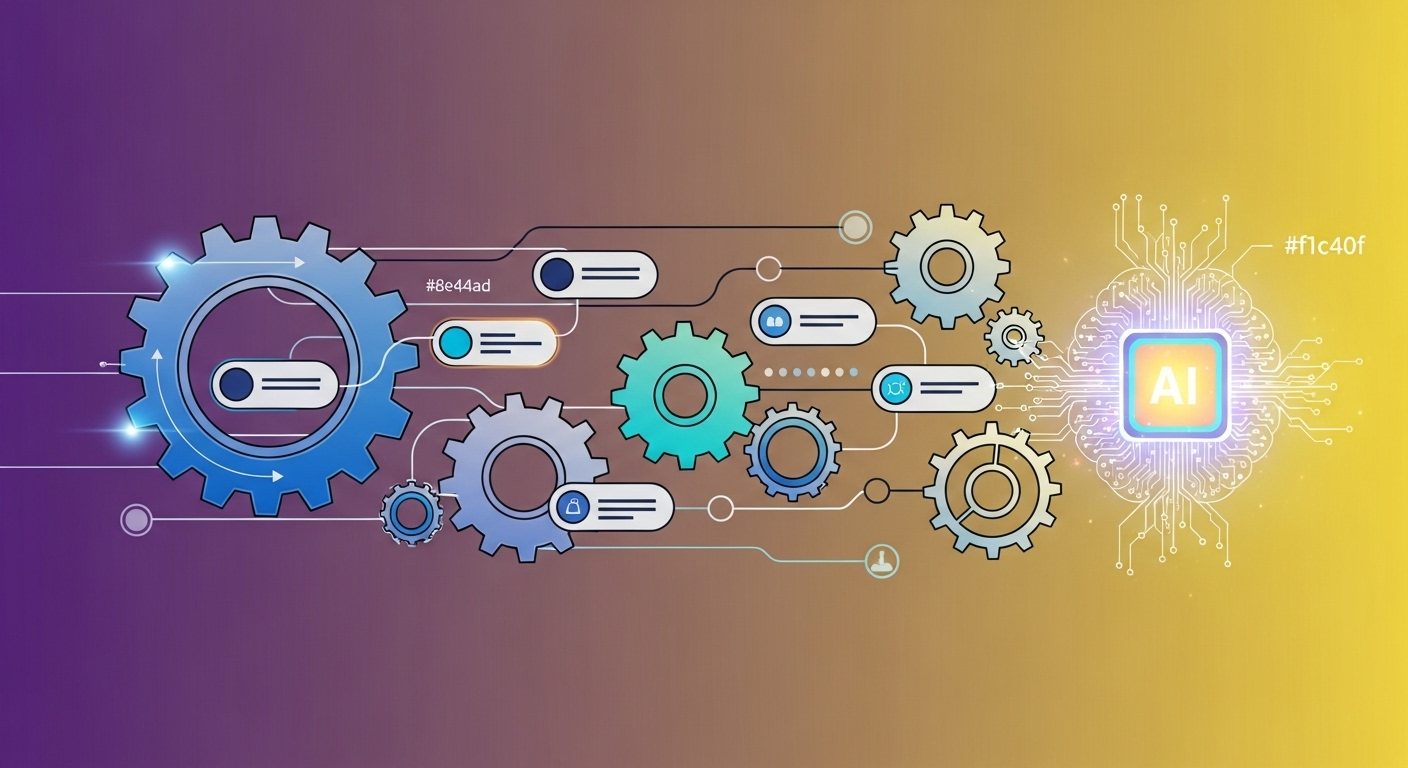 챗GPT가 복잡한 업무 프로세스를 자동화하여 효율적으로 연결된 작업 흐름을 만드는 추상적인 이미지.