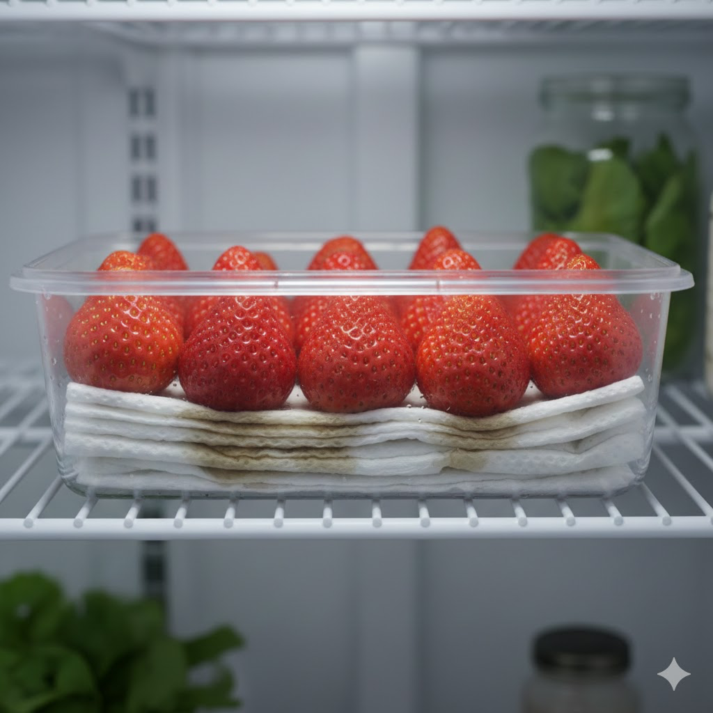 키친타월을 깔고 딸기 보관하는 사진