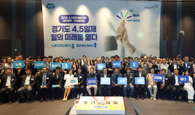 경기도 김동연 지사와 주4.5일제 시범사업 참여 기업 관계자들이 수원 라마다 프라자 호텔에서 업무협약 기념 사진을 촬영하고 있다.