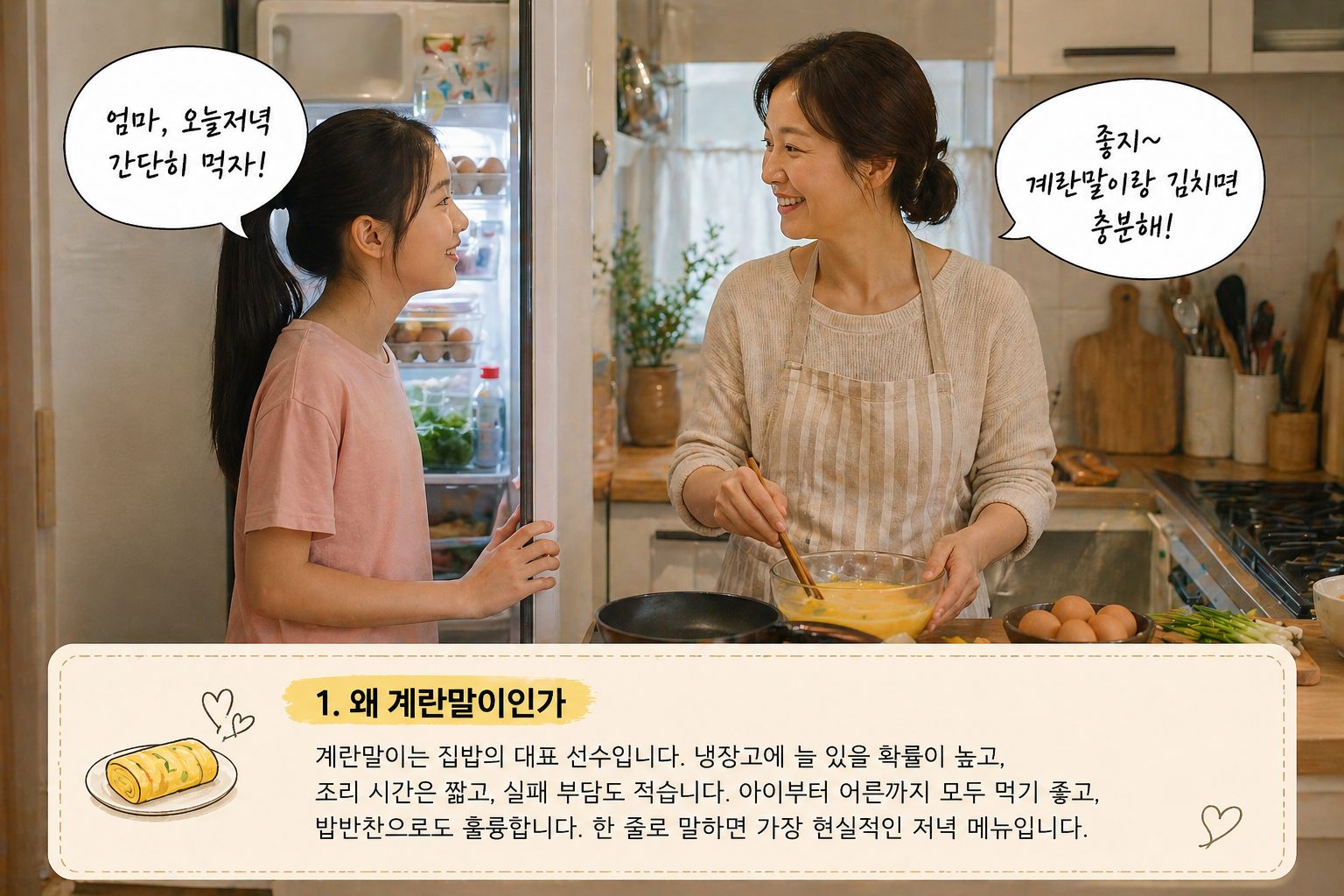 주방 냉장고 앞 딸과 조리대 앞 엄마가 계란말이 저녁 메뉴를 이야기하는 따뜻한 가족 모습