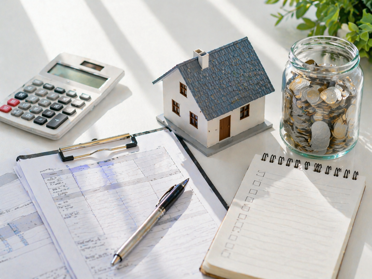 전세자금을 받기위해 서류, 계산기, 집을 놓고 고민하고 있는 모습