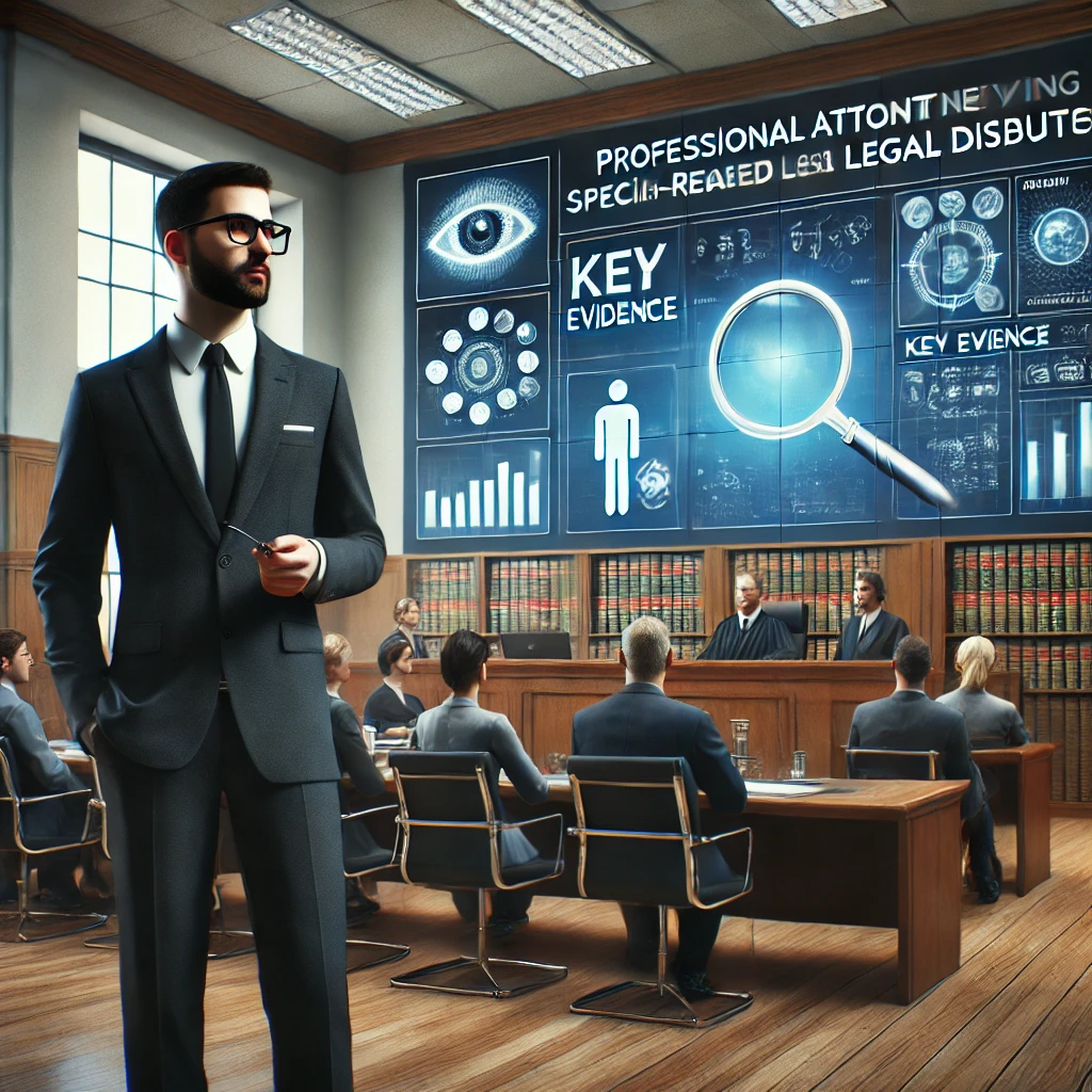 법정에서 증거를 제시하며 자신감 있게 서 있는 전문 변호사