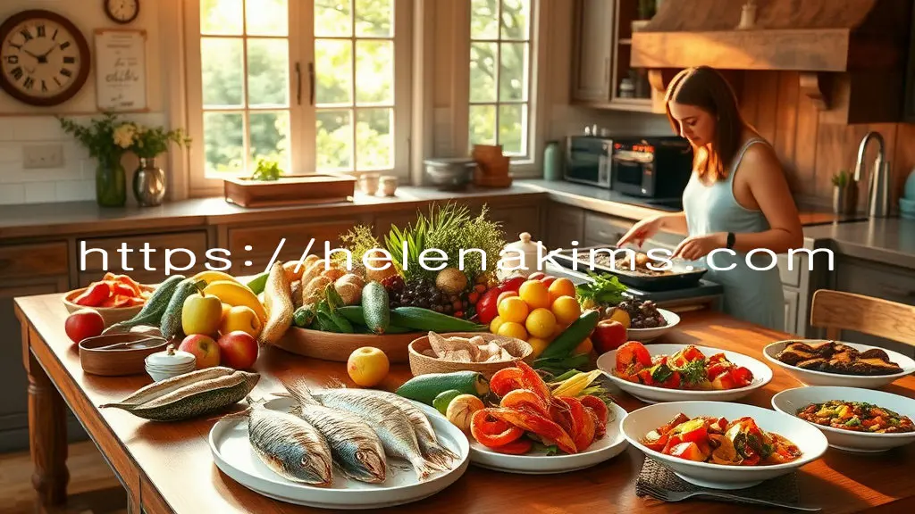 따스한 오후 햇살이 가득한 고급스럽고 깔끔한 주방, 나무 식탁 위에는 신선한 제철 해산물 (고등어, 대하), 과일 (사과), 채소 (연근, 호박)가 보기 좋게 놓여 있고, 그 옆에는 요리를 하는 여성과 이 재료들로 만든 건강한 요리 (오븐 구이, 샐러드, 조림)가 먹음직스럽게 플레이팅 되어 있는 모습.
