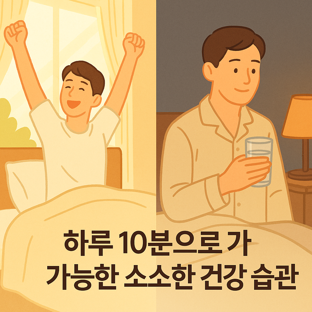 아침에 일어난 모습과 잠들기 전 모습 배경과 하루 10분으로 가능한 소소한 건강 습관 문구