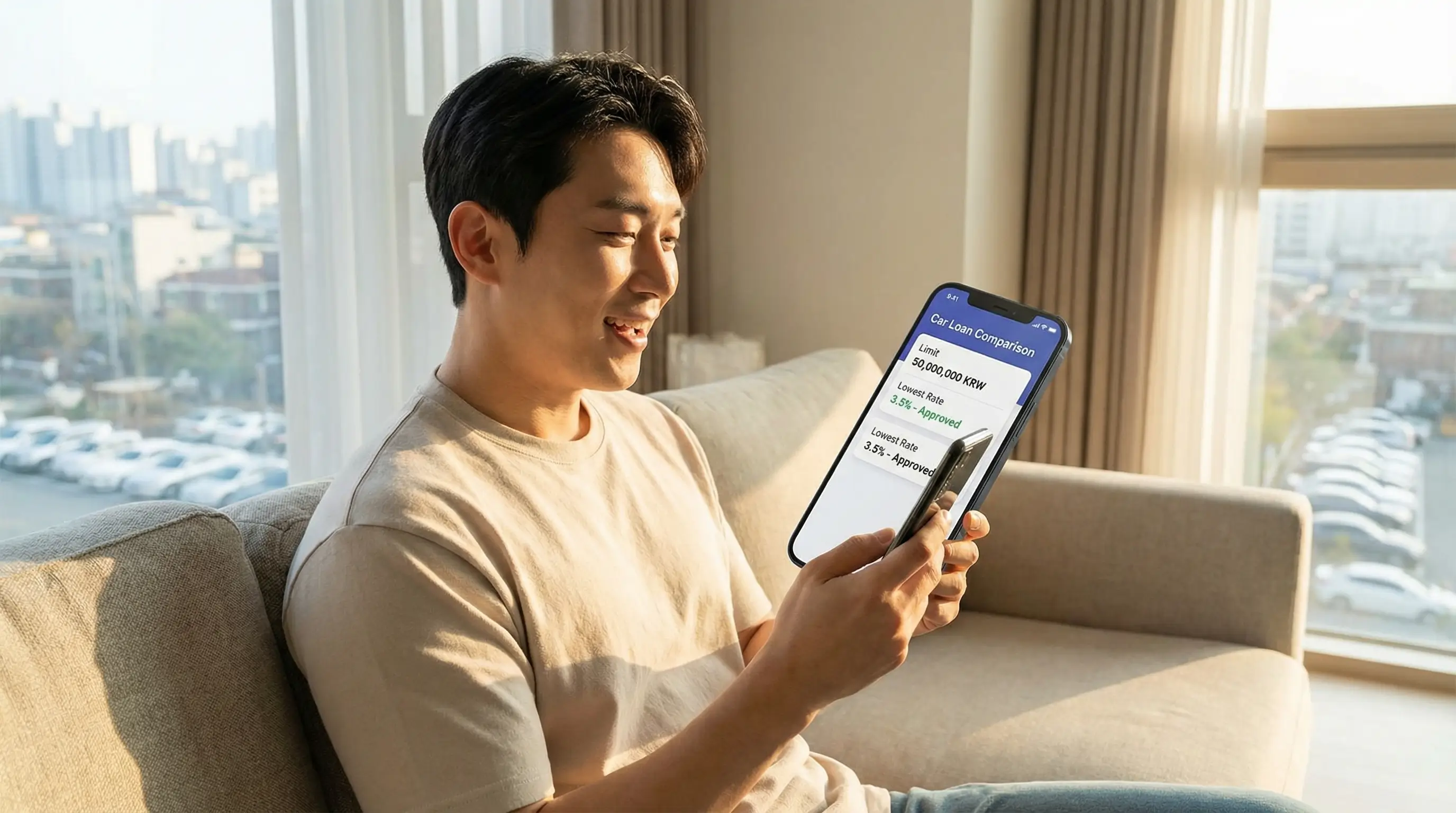 스마트폰으로 자동차 대출 한도와 금리를 비교 조회하고 안도하는 사용자의 모습