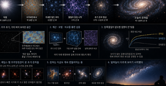 초기 우주의 작은 밀도 차이가 수십억 년 동안 중력과 물질 흐름을 거치며 거대한 은하 배열로 확장되어 가는 장면
