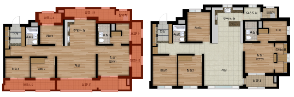3면 발코니 평면 확장전 및 확장후 모습 출처 GS건설
